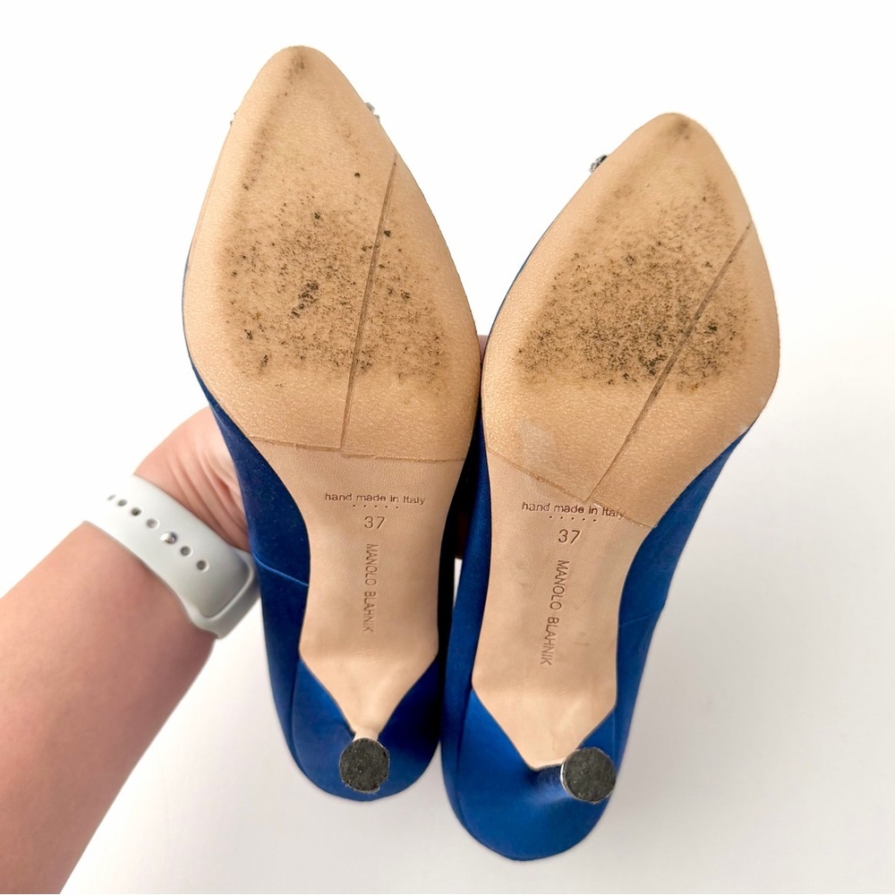 MANOLO BLAHNIK | Hangisi 105 Blue Satin Crystal Jewel Buckle Pumps EU 37 - Picture 12 of 14